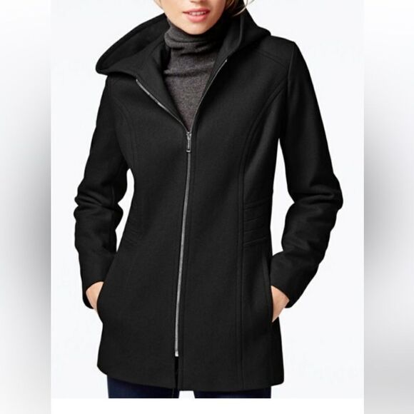 London Fog Jackets & Blazers - (W3) London Fog Wool Blend Zip Up Hooded Coat, Wine Red, Size L